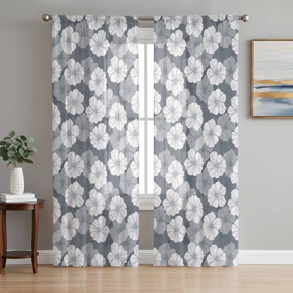 Country Flowers Sheer Curtains 96 Inch Length 2 Panels Set, Gray Retro Pastoral Botanical Floral Voile Window Treatment Semi Sheer Long Curtains Drapes for Bedroom/Living Room/Kitchen 52"x96"x2