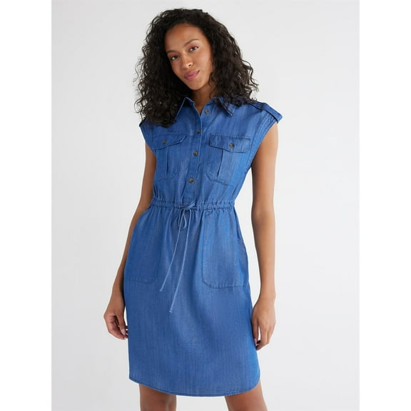 Women's Short Sleeve Utility Shirt Dress, Size M Medium Denim