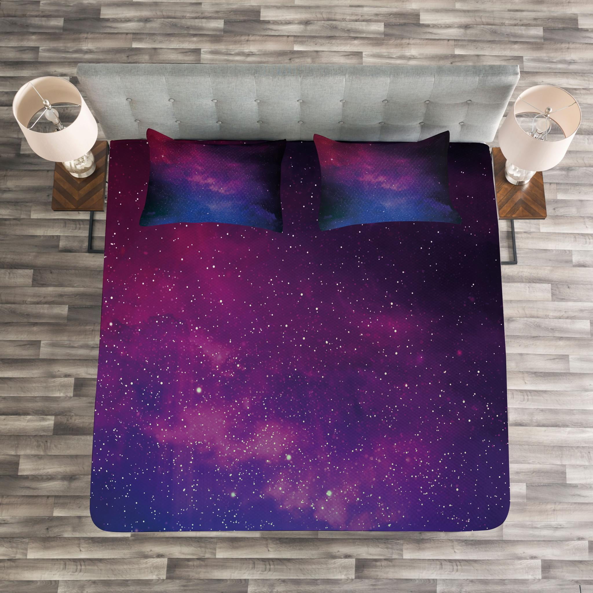 Galaxy Bedspread Set, Pink and Blue Nebula in Starry Night Sky Space  Science World Astronomy Print, Decorative Quilted Coverlet Set with Pillow  Shams 