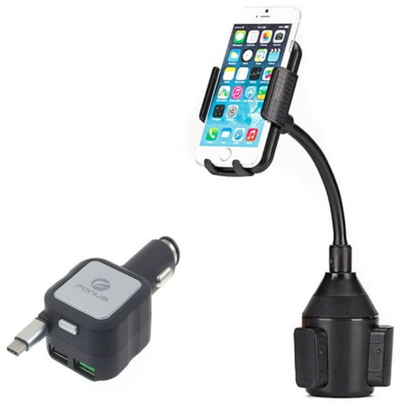 Cup Holder Mount Holder w Retractable Car Charger K4X for Kyocera DuraForce Pro 2 - LG G5, V20, G6, V30 V50 ThinQ 5G, V40 ThinQ, V35 ThinQ, Q7 Plus, Google Nexus 5X, G8 ThinQ, G7 ThinQ