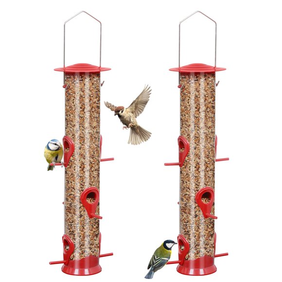 Bird Feeder Hanging Classic Tube Hanging Feeders with 6 Feeding Ports Premium Hard Plastic with Steel Hanger Weatherproof and Wate