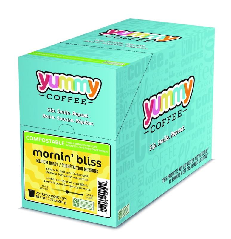 Yummy Coffee Mornin' Bliss Medium Roast Coffee, Compostable Single Cup Coffee Pods Compatible with Keurig K-Cup Brewers, 20 Count