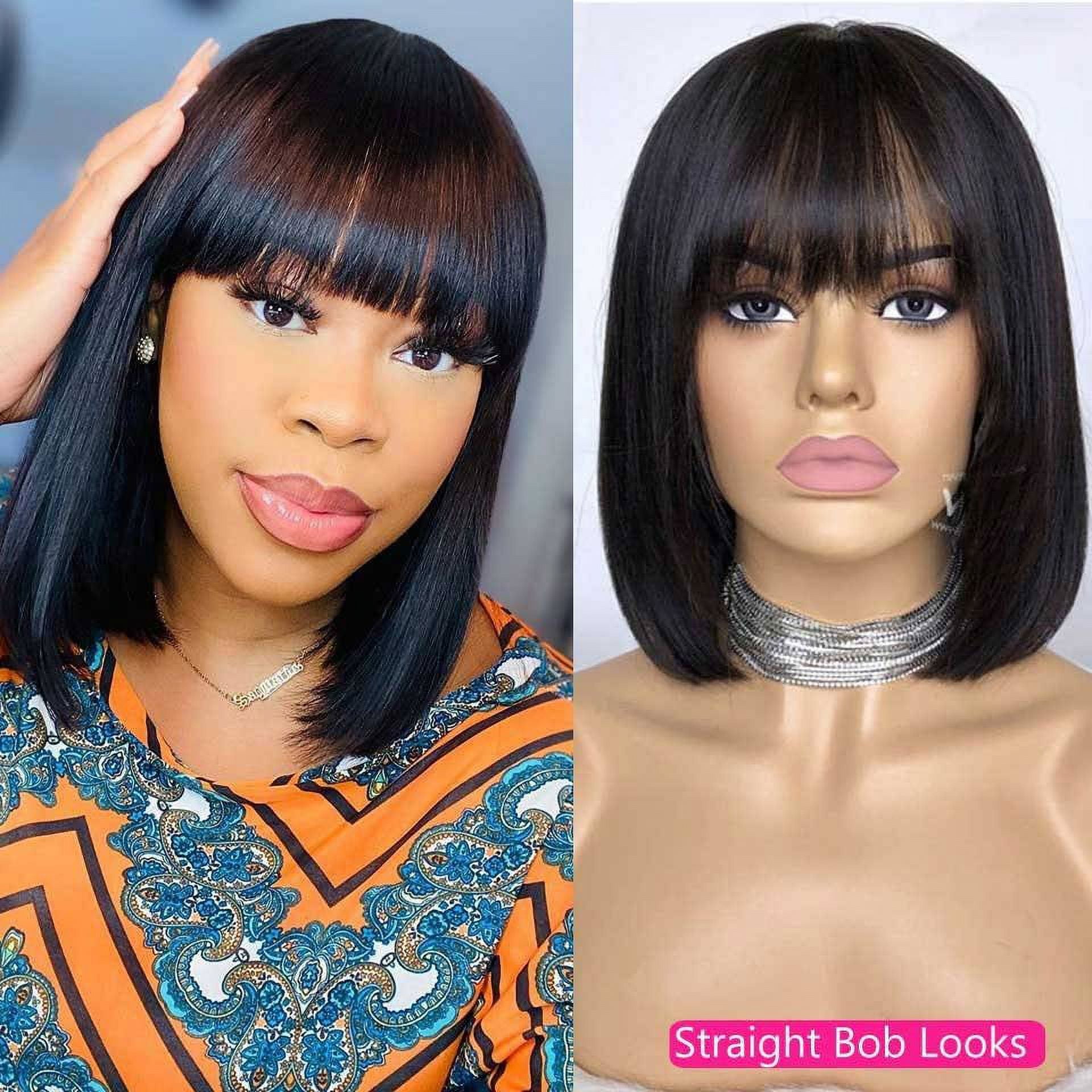Straight Short Bob Wig with Bangs Brazilian Human Hair Wigs None Lace Wigs Machine Made Short Straight Bob Wigs for Women 150% Density
