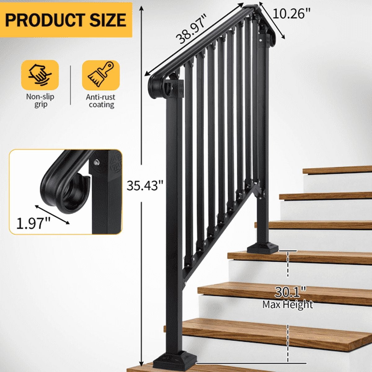 3‑Tier ABS Plastic Handrail for Patio Courtyard Stairs, Matte Black