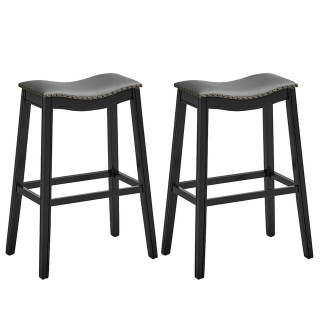Gymax Set of 2 Saddle Bar Stools Bar Height Kitchen Chairs w/ Rubber Wood Legs Black