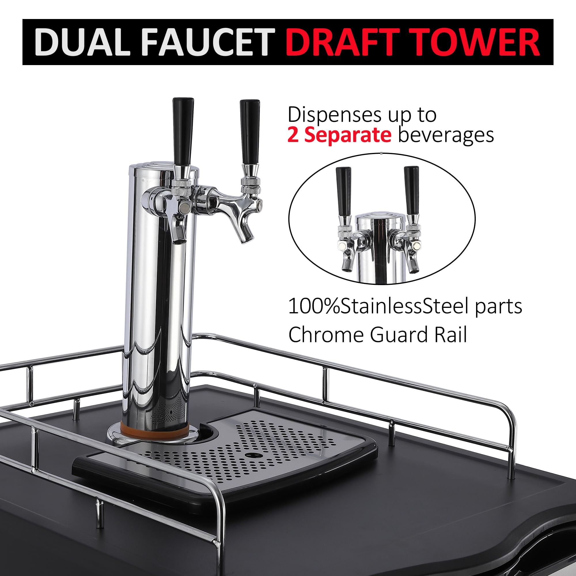 Kselythan Beer Kegerator, Dual Tap Draft Beer Dispenser & Universal Beverage Cooler Full Size Keg Refrigerator With Shelves Stainless Steel Drip Tray & Raill