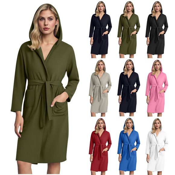 Meichang Hooded Robe for Women with Belt Pockets Long Sleeve Kimono Robes Cozy Knee Length Bathrobe Homewear
