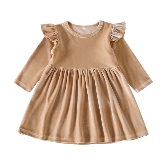 2025 Robe en Velours pour Bébé Fille 9M-5Y, Manches Longues à Volants, Robe de Princesse pour Fête d'Anniversaire, Kaki