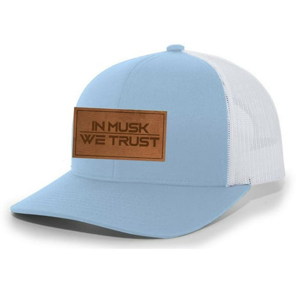 Heritage Pride In Musk We Trust Elon Laser Engraved Leather Patch Mesh Back Trucker Hat, Columbia Blue/White
