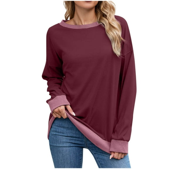 ShomPort Womens Long Sleeve T-Shirt Color Block Drop Shoulder Round Collared Comfy Tees Blouses Fall Winter Trendy Basic Tops