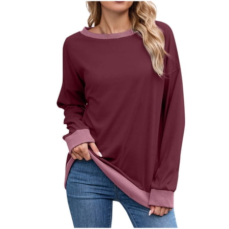 RYRJJ Sweatshirts for Women Crewneck Long Sleeve Loose Fit Tops Color Block Ribbed Trim Fashion Pullover Shirts(Wine XL)