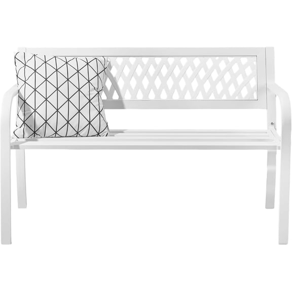 AOEIUY 47'' Outdoor Bench, Weather Resistant Garden Patio Bench Powder Coated Iron Frame w/PVC Mesh Backrest Slatted Seat, 2-Person Outdoor Furniture for Front Porch Entryway Park (White)