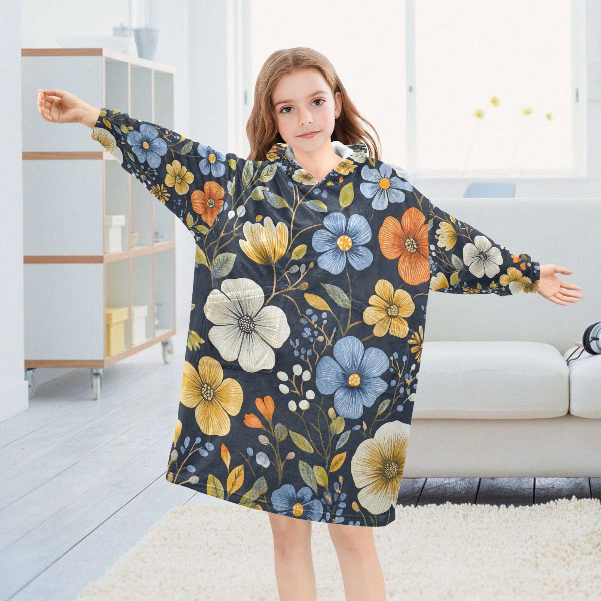 FORMRS Wearable Blanket Hoodie with Sleeves for Kids Cozy Flannel Sweatshirt, Navy Floral Pattern
