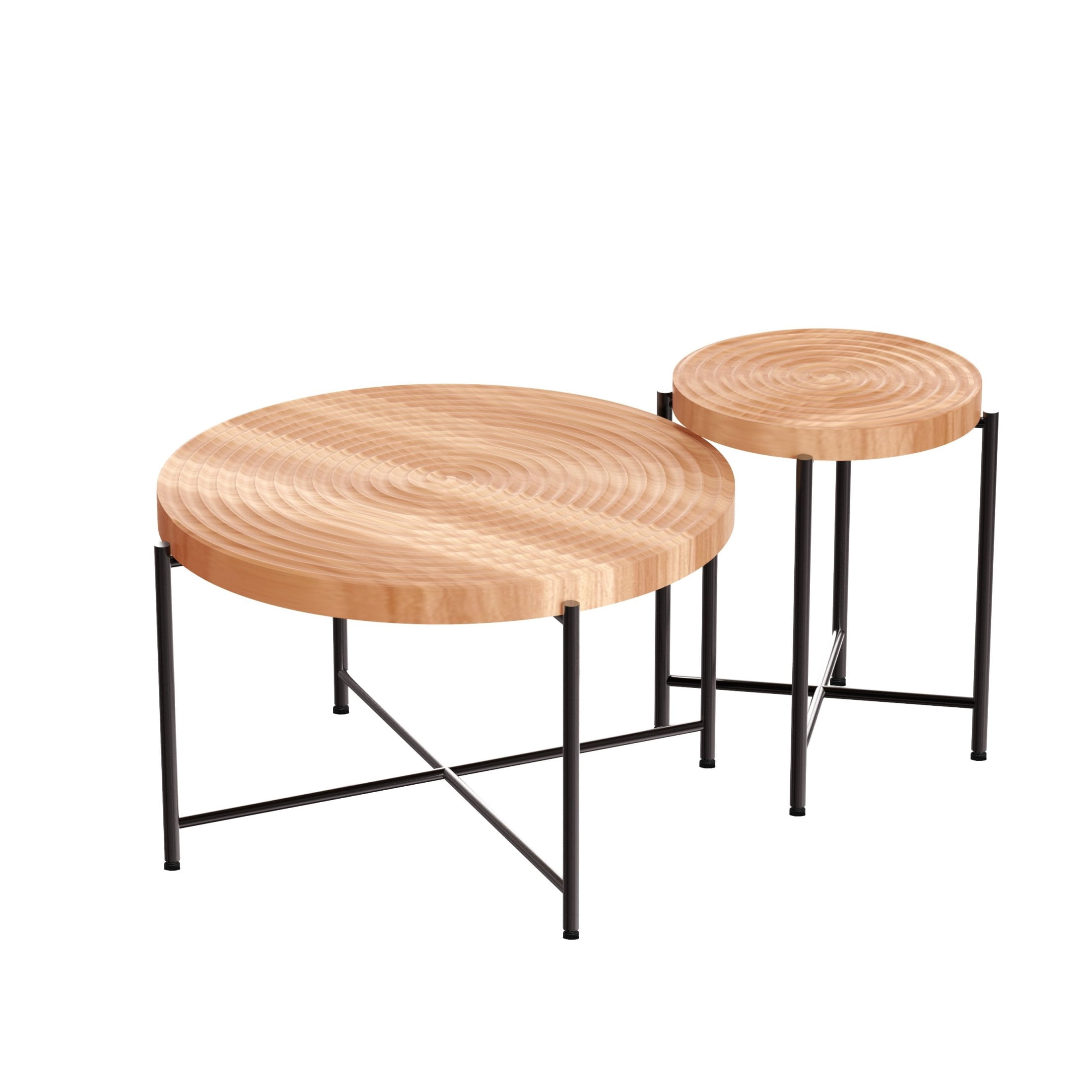 GDF Studio 2-Piece Coffee and End Table Set with Radial Ring Pattern Tabletops, Black Metal Legs, Brown