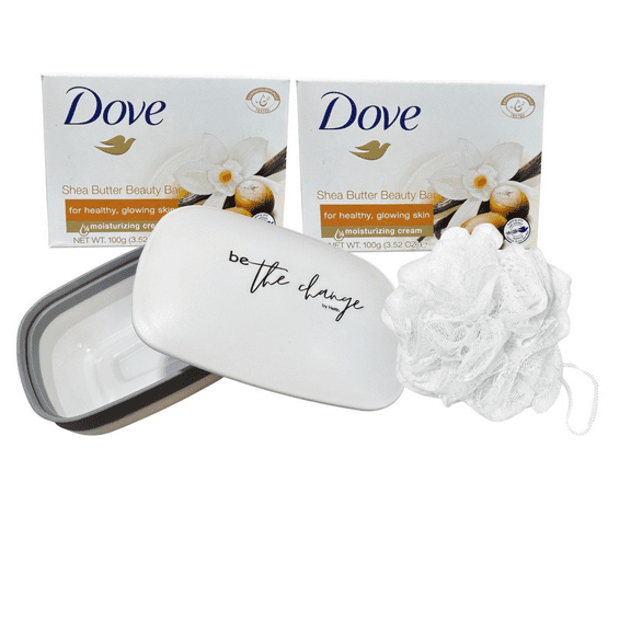 Bathroom Accessories Soap Dish Set -  Leak-Proof Travel Case, Plastic Containers With Lids, Affirmation  'Be the Change' With Loofah 2 Pack Dove Shea Butter Soap