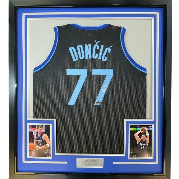 Framed Facsimile Autographed Luka Doncic 35x39 Dallas Black Reprint Laser Auto Basketball Jersey
