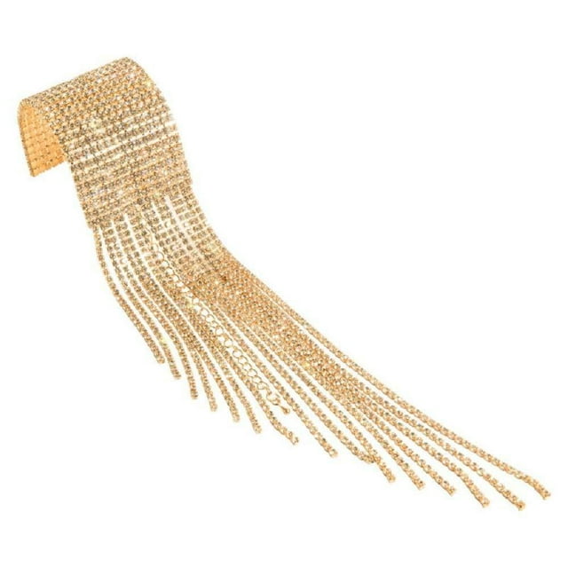 Xiao Hua Pulsera de moda con brillantes diamantes de imitación para mujer, brazalete multicapa con cristales plateados y flecos para fiesta o boda (dorado)