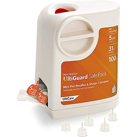 All-in-One UltiGuard Safe Pack Pen Needles and Sharps Container for at-Home Insulin Injections and Safe Needle Disposal, Size: Mini 5mm (3/16?) x 31G, 100 Count