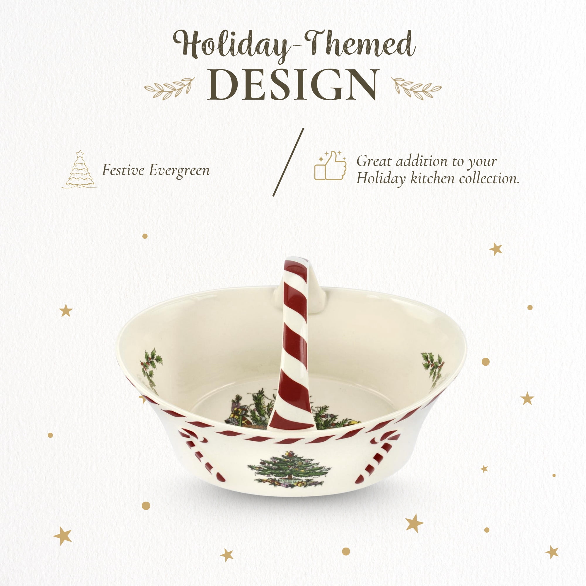 Spode Christmas Tree Candy Basket, 6.5-Inch Candy Bowl with Peppermint Handle for Holiday Snacks, Earthenware Christmas Gift, Festive Serveware & Holiday Display Bowl, Seasonal Décor
