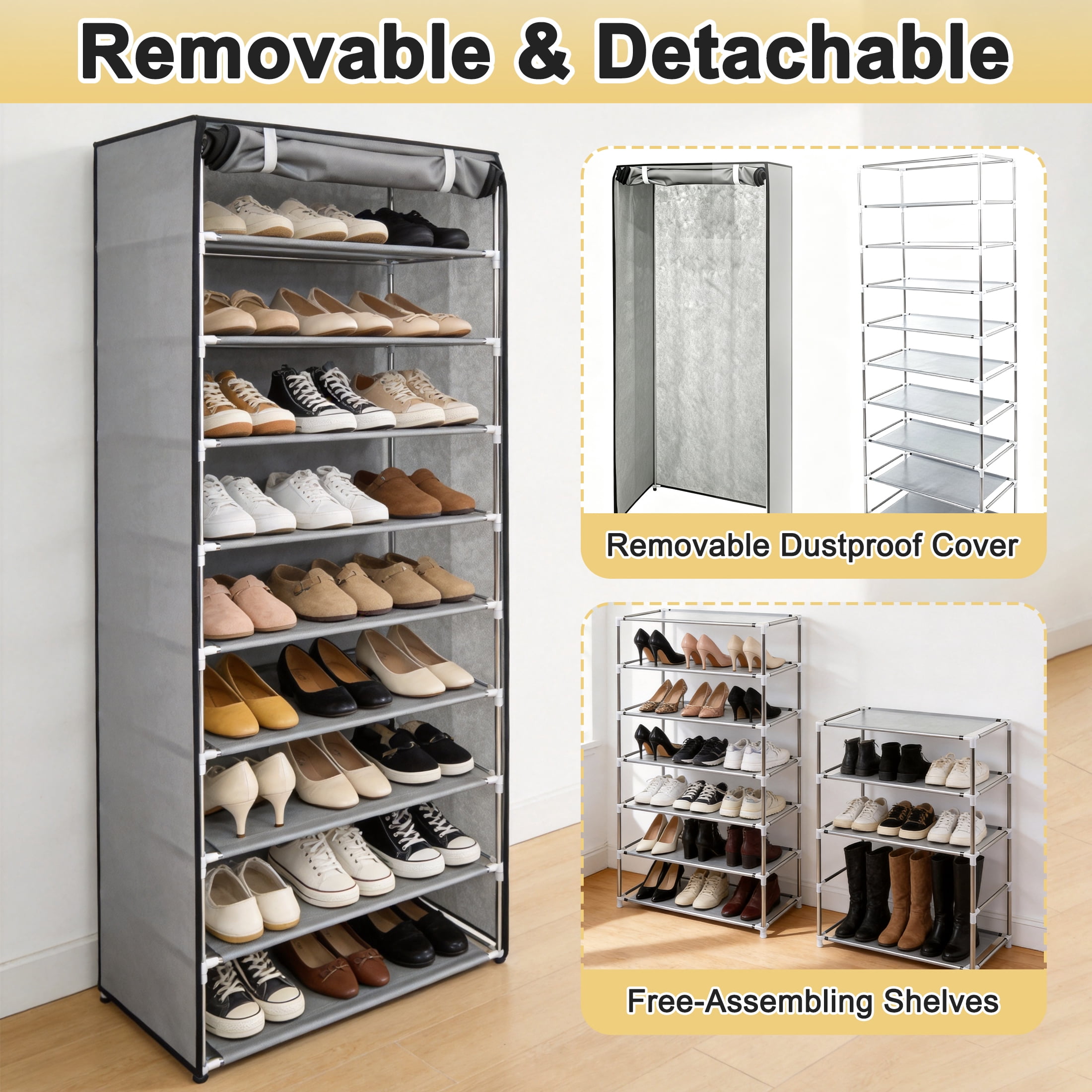 10 Tier Shoe Rack with Dustproof Cover, Tall Shoe Storage Organizer for 27 Pairs, Removable Shelves, Space-Saving Shoe Cabinet for Entryway Bedroom Closet, Grey