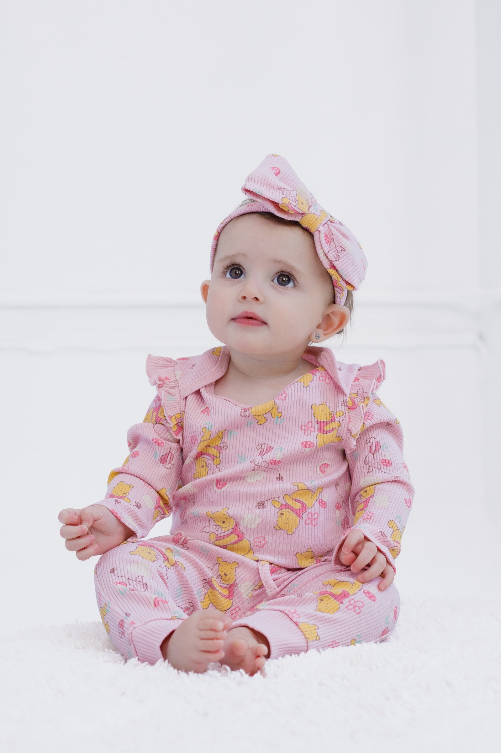 Disney Winnie the Pooh Piglet Ribbed Bodysuit, Jogger Pants and Headband 3 Piece Outfit Set Newborn to Infant