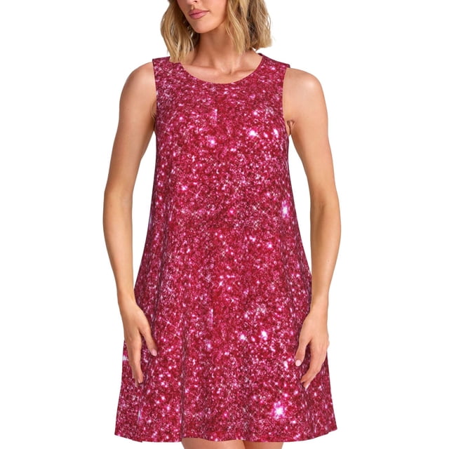 Fotbe Red Glitter Vestido de Verano sin Mangas para Mujer – Vestido Midi Línea A, Estilo Camiseta Floral, Vestido Playero Casual y Fluido