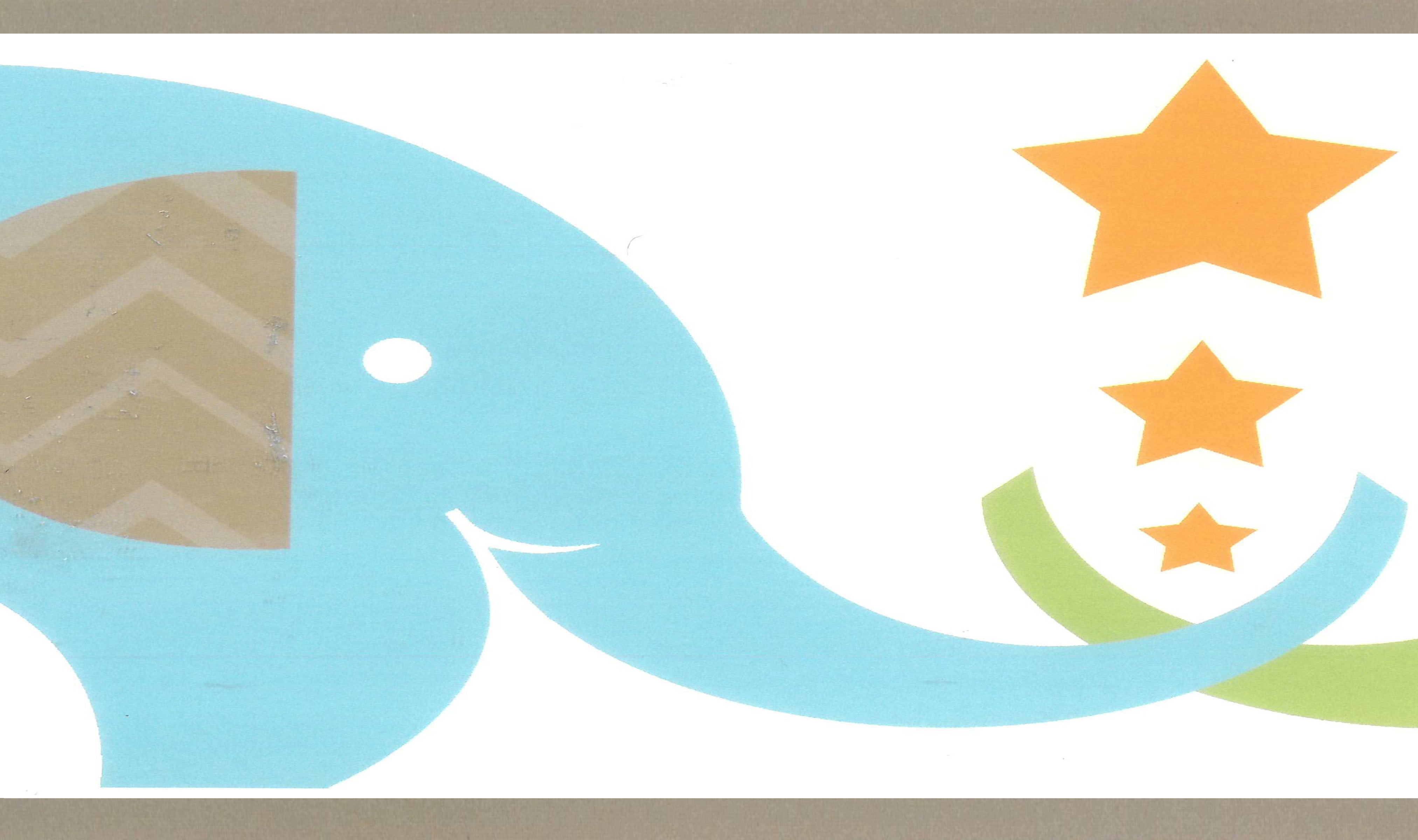 Dundee Deco Prepasted Wallpaper Border - Kids Blue, Green, Beige Elephants, 15 ft x 6.5 in