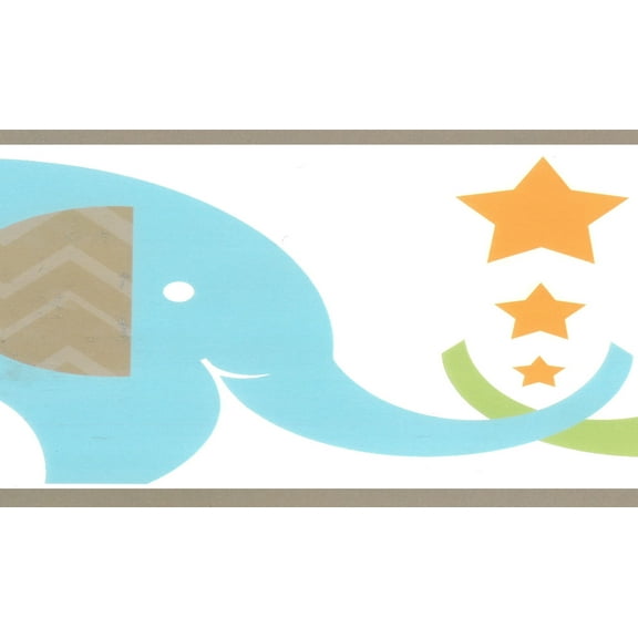 Dundee Deco Prepasted Wallpaper Border - Kids Blue, Green, Beige Elephants, 15 ft x 6.5 in