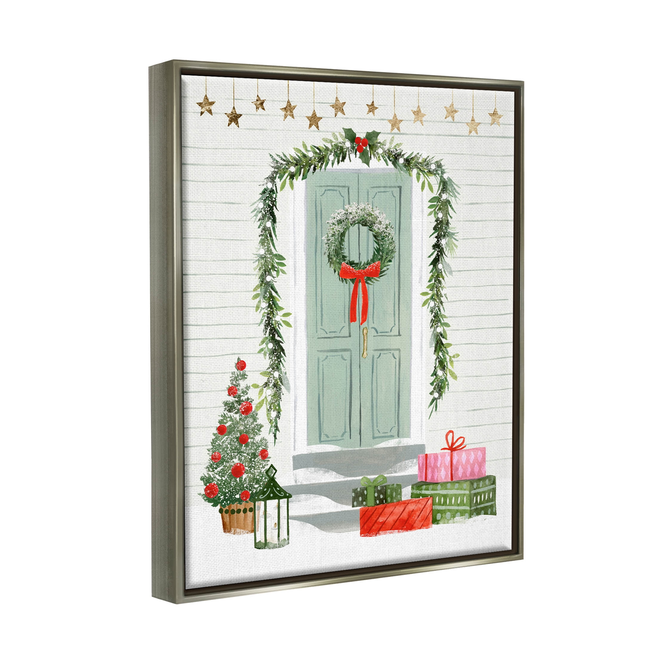 Stupell Industries Christmas Presents Wreath Doorstep Graphic Art Luster Gray Floating Framed Canvas Print Wall Art, Design by Victoria Barnes