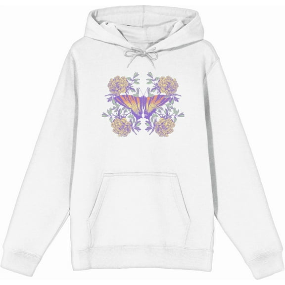 Vintage Floral Gradient Butterfly Adult White Long Sleeve Hoodie-Medium