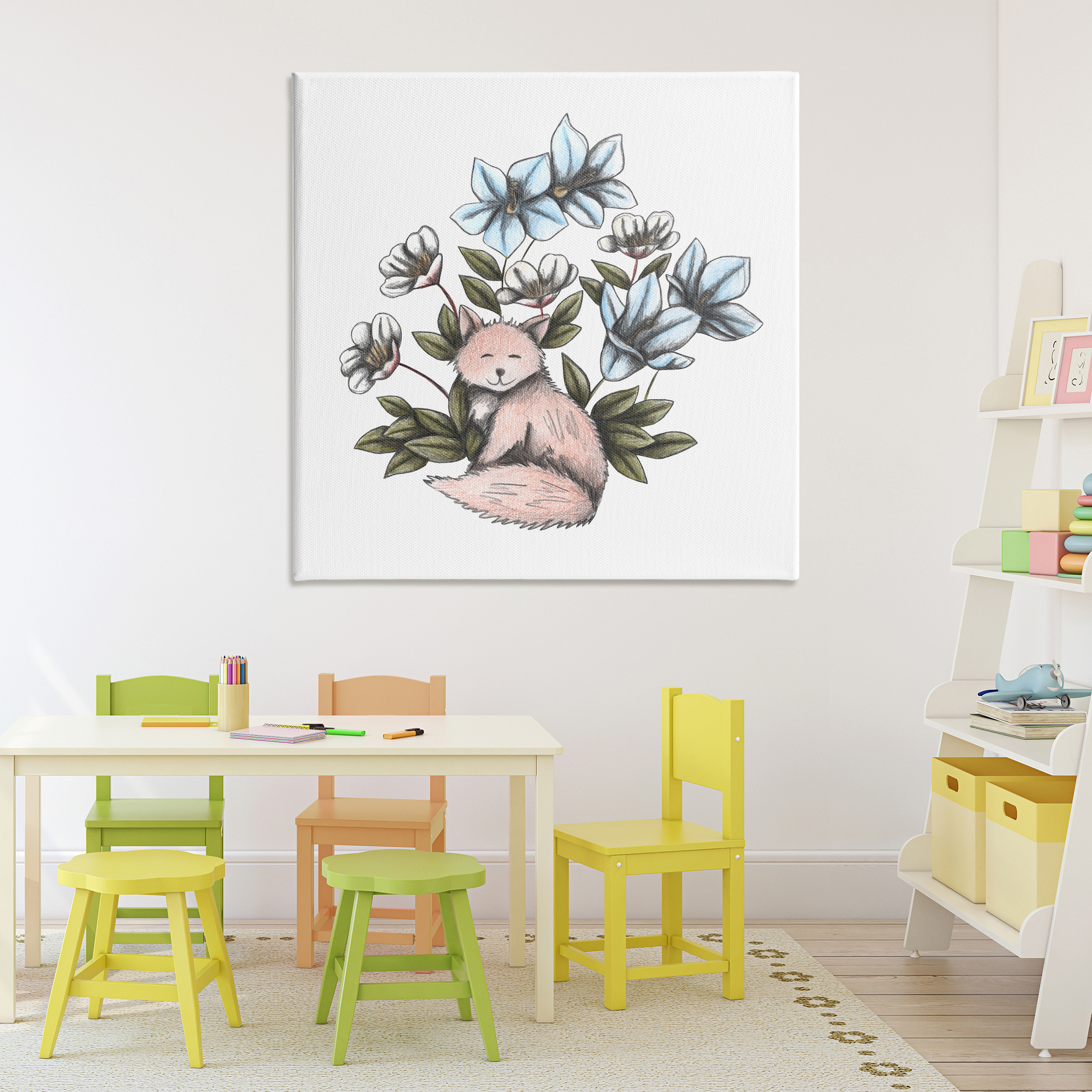 Gentle Fox with Flowers Canvas Wall Art, design by Cecilia Battaini