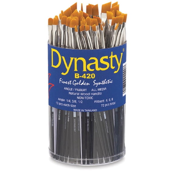 Dynasty B-420 Cylinder Golden Synthetic Short Lacquered Handle Paint Brush Set, Assorted Size, Black, Set of 72