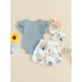 thumbnail image 4 of Bslissey Baby Girls 3Pcs Summer Outfits Short Sleeve Letter Print Romper + Flower Belted Shorts + Headband 3M 6M 12M 18M Newborn Infant Cute Short Pants Sets, 4 of 9