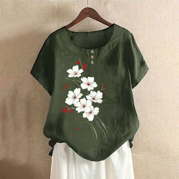 Blczomt Floral Spring Tops for Women 2025 Short Sleeve Crew Neck Shirt Casual Green Round Neck T Shirts for Women
