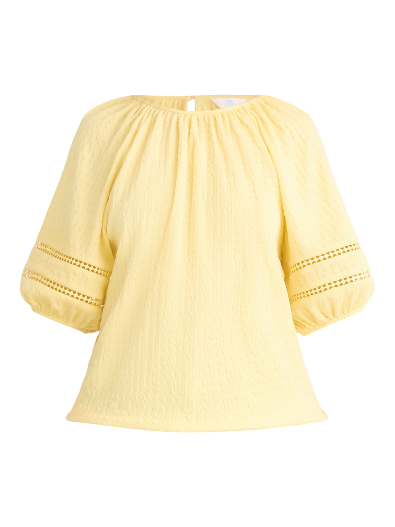 Time and Tru Women's Lace Trim Top with Puff Sleeves, Sizes XS-XXXL