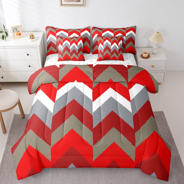 Erosebridal Futuristic Geometry Bed in a Bag Full size, Red Stripe Bed Set, Abstract Decor, Reversible 7pcs