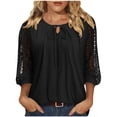 thumbnail image 2 of Yrmaups Loose Fit 3/4 Sleeve Blouse for Women, Casual Lace Tie Front Top, Soft Stretch Tee for Party Office Travel Everyday Wear, Black 2XL, 2 of 6