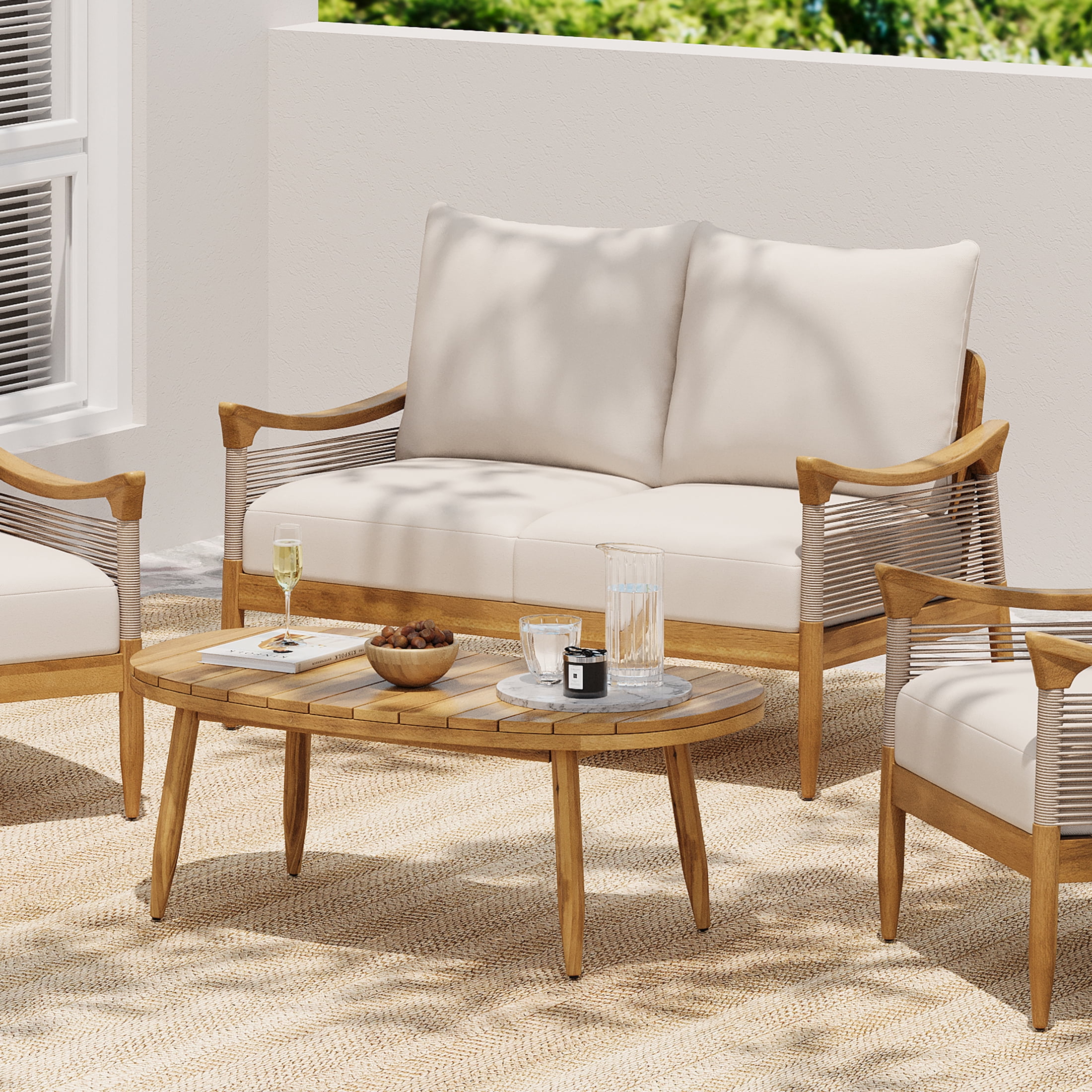 Christopher Knight Home Modern 2 Piece Patio Loveseat Coffee Table Set with Cushion, Solid Wood, Teak+ Beige