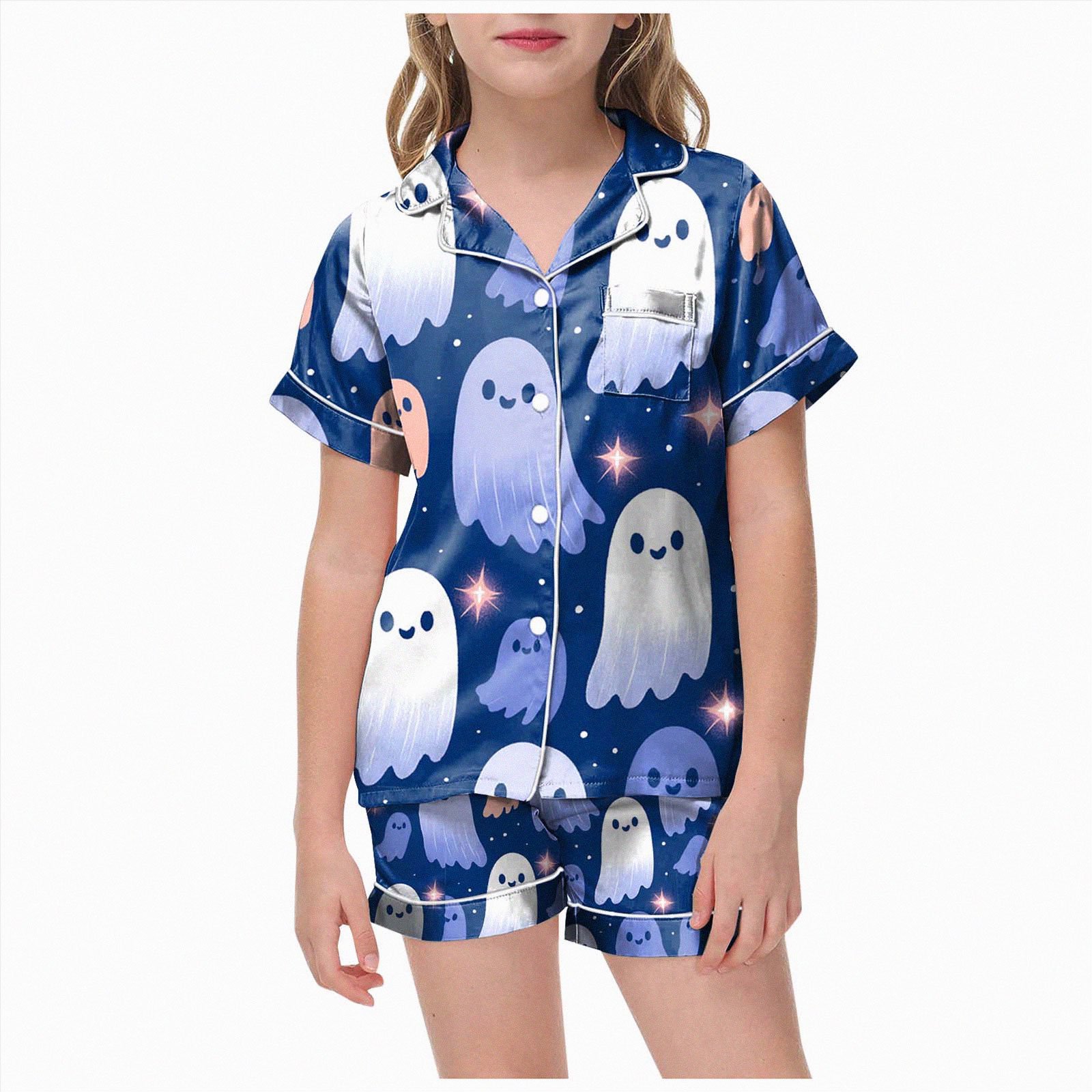 NOLDARES Halloween Pjs Girl Set Silk Satin Button Up Shirt And Shorts Pajama Sets Print Short Sleeve 2 Piece Sleepwear(R113-Pink)