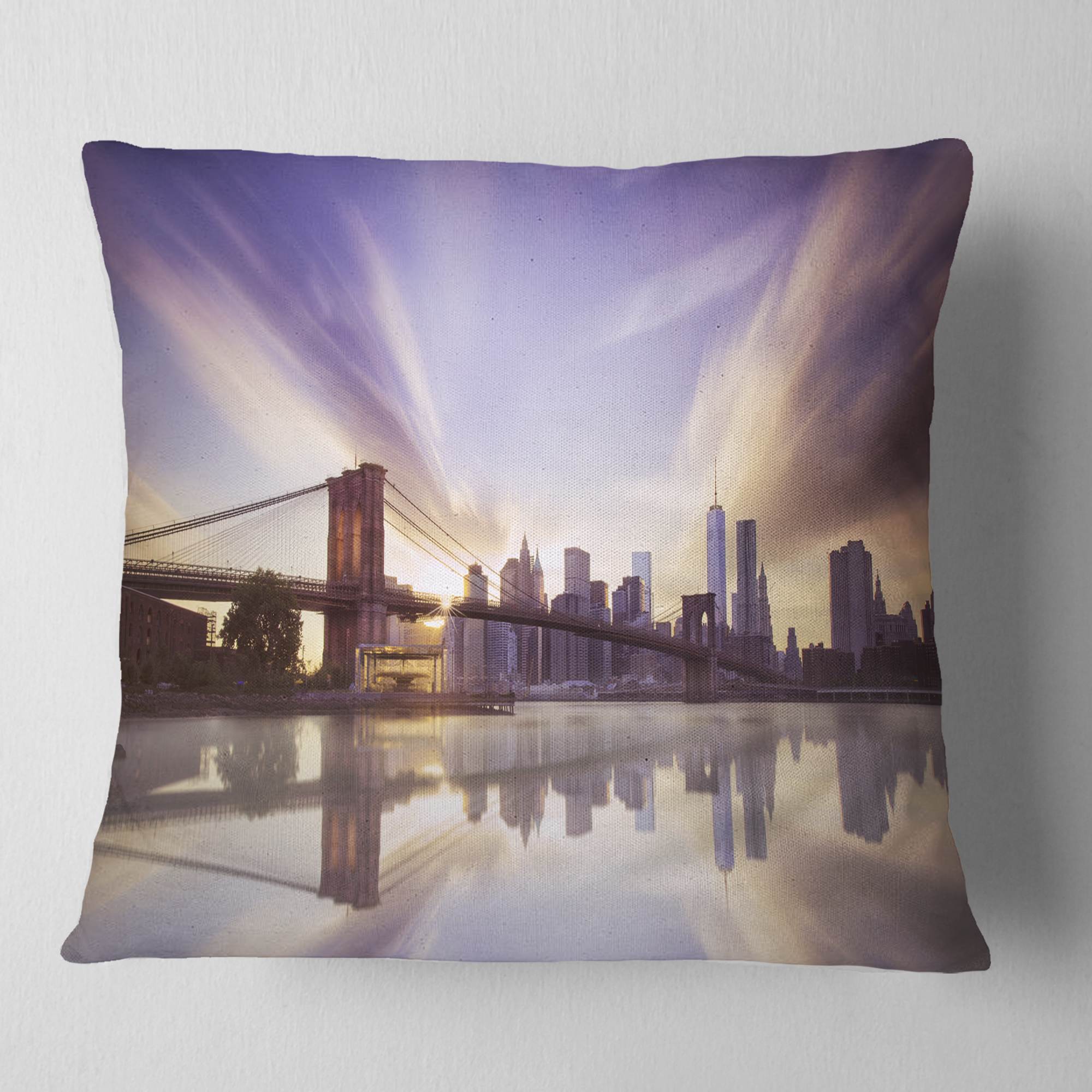Designart Purple Sky Over Brooklyn Bridge - Cityscape Photo Throw Pillow - 16x16