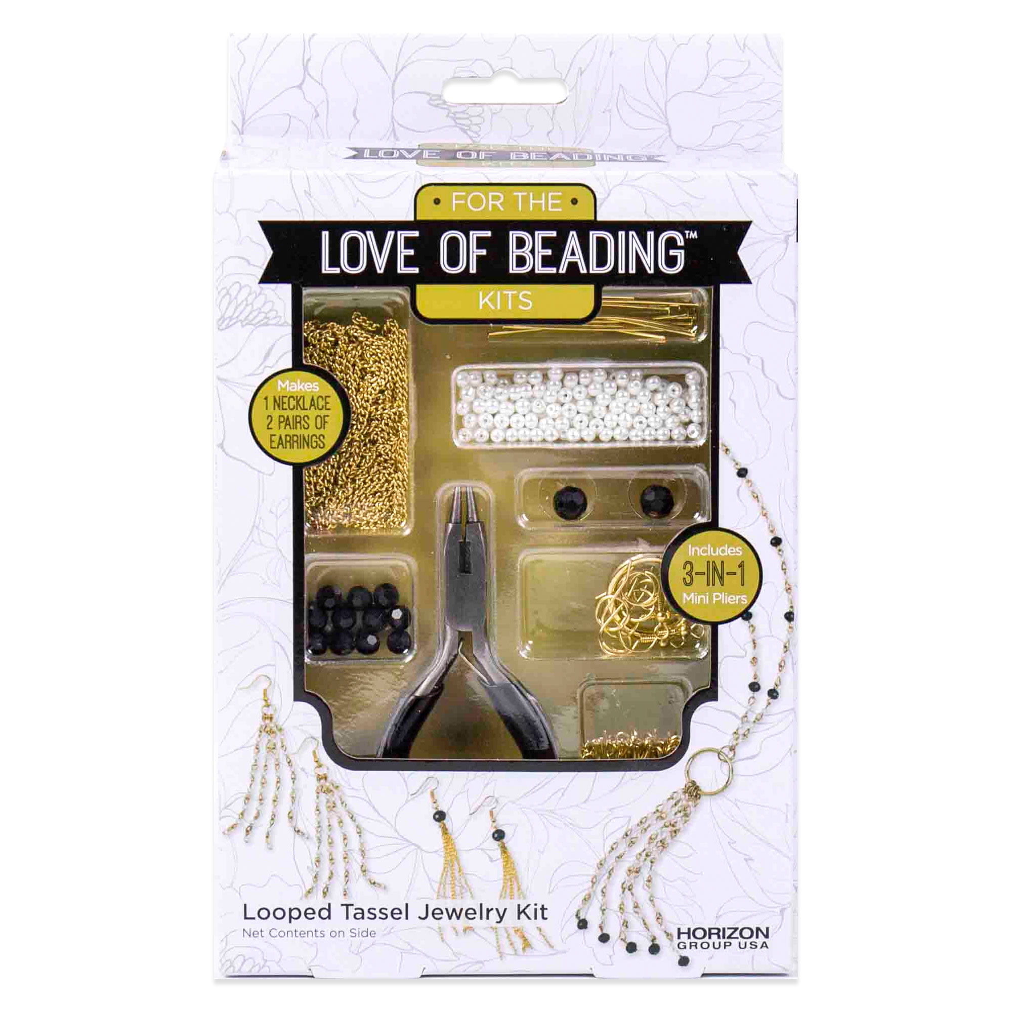For the Love of Beading Make Your Own Looped Tassel Jewelry Kit, White, Black, Gold