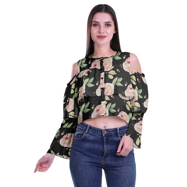 Moomaya Cold Shoulder Tops Shirts For Women Button Down Long Ruffle Sleeve Top