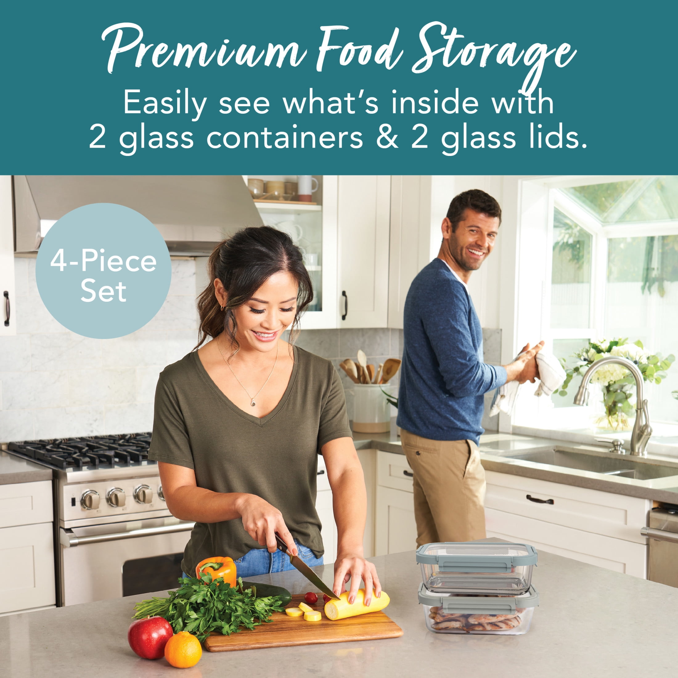 Bentgo® Glass Leak-Proof Food Storage 4-Piece Set (Two 6.3 Cup Containers) Durable 1-Compartment Food Storage Containers & Airtight Locking Lids (Pebble/Stone)
