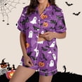 thumbnail image 2 of Women's Halloween 2PC Pajamas Set Short Sleeve Lapel Button Down Shirt And Shorts Lounge Set Print Homewear with Pockets Purple-2 M, 2 of 8
