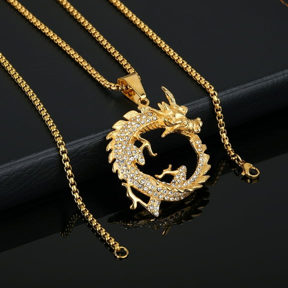 Hip Hop Bling Iced Out 14K Yellow Gold Dragon Round Pendants Necklace for Men Rapper Jewelry
