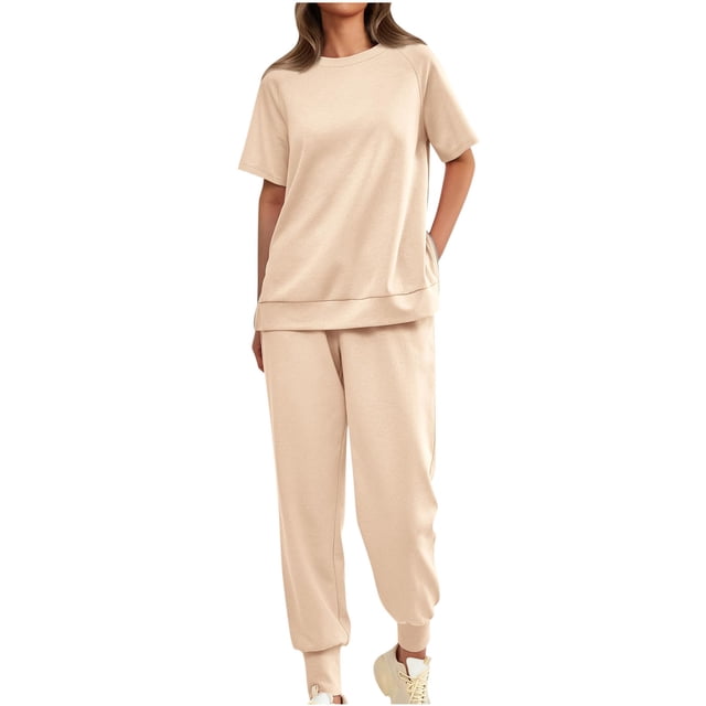 AherBiu Womens Sweatsuits Short Sleeve Side Slit Tops with Joggers Pants 2 Piece Casual Workout Sets