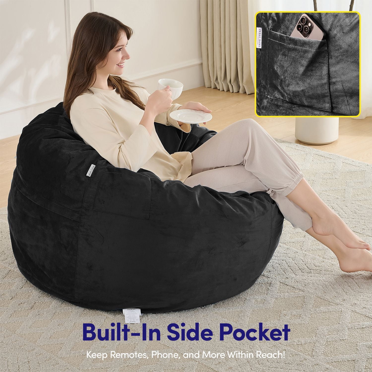 3FT Bean Bag Chair, Adults Foam Round Big Sofa Bean Bag for All Ages, Removable Velvet Cover, Black