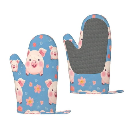 

Hirioo Cute Pig Flowers for Silicone Oven Mitts for BBQ Baking Cooking Set of 2 Heat Resistant 260℃ Non-Slip Kitchen Essentials