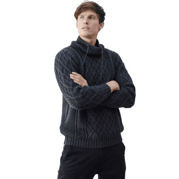 Aran Merino Wool Collared Irish Sweater Men's Knitted Pullover with Drawcords Made in Ireland