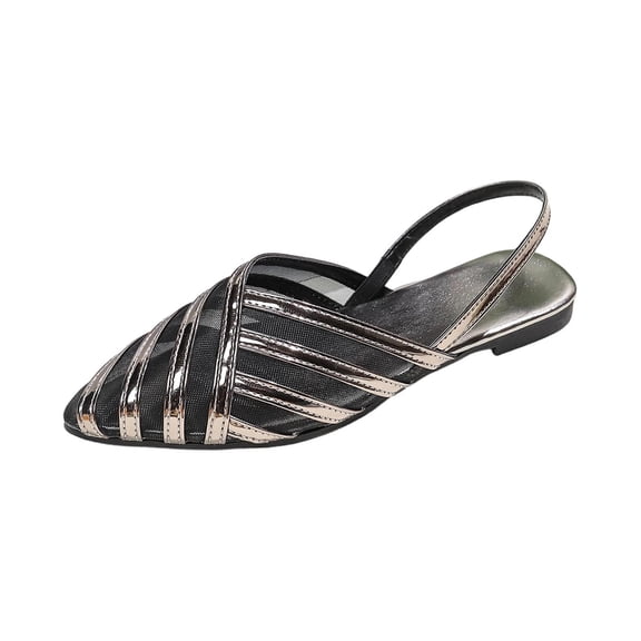 Black Ladies Black Pu Mesh Sandals With A Pointed Toe And Closed-Toe Design Offering A Sleek Look With Hollow-Out Details For Casual And Indoor Wear
